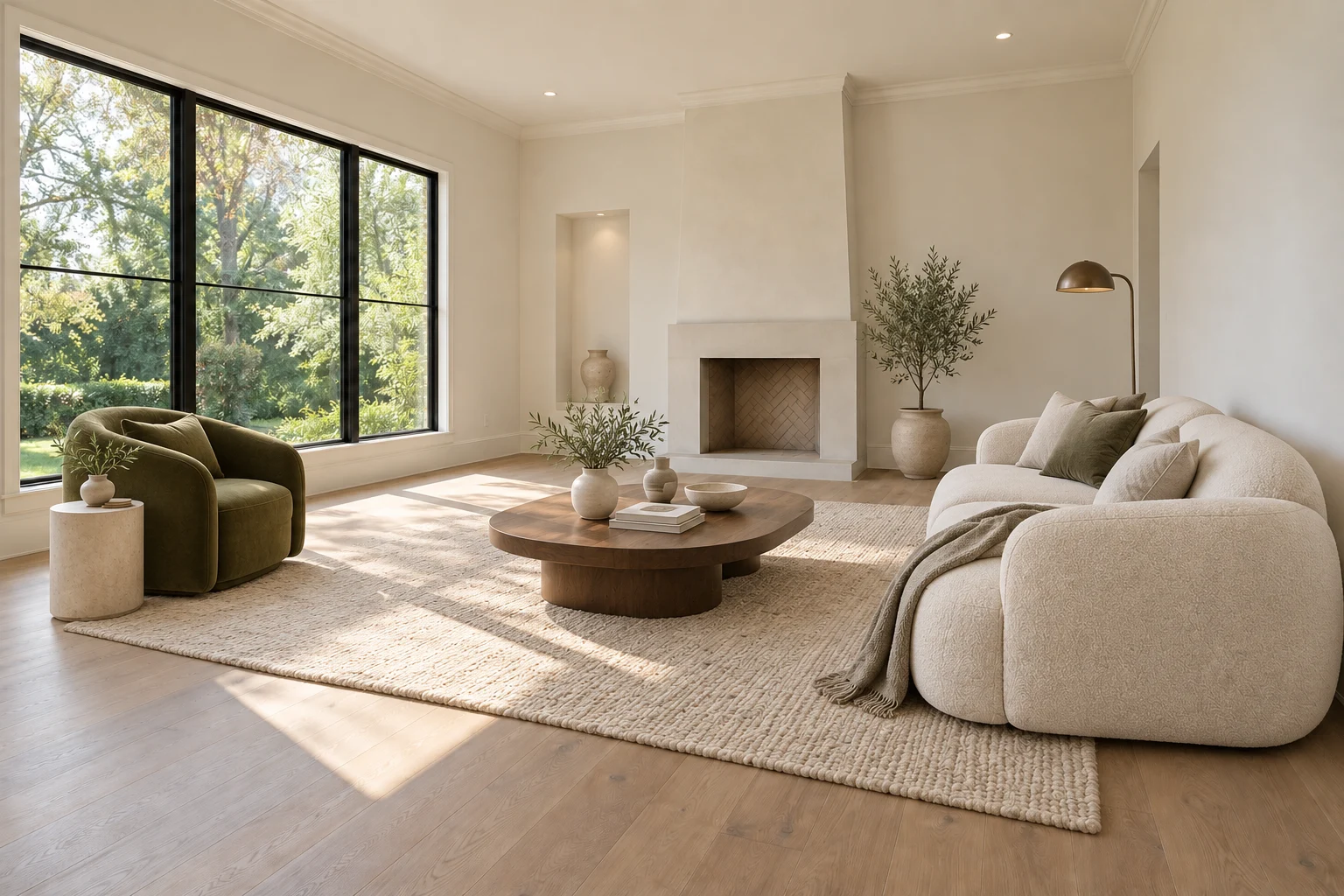 AI virtual staging sample with a modern sofa, rug, coffee table and decor